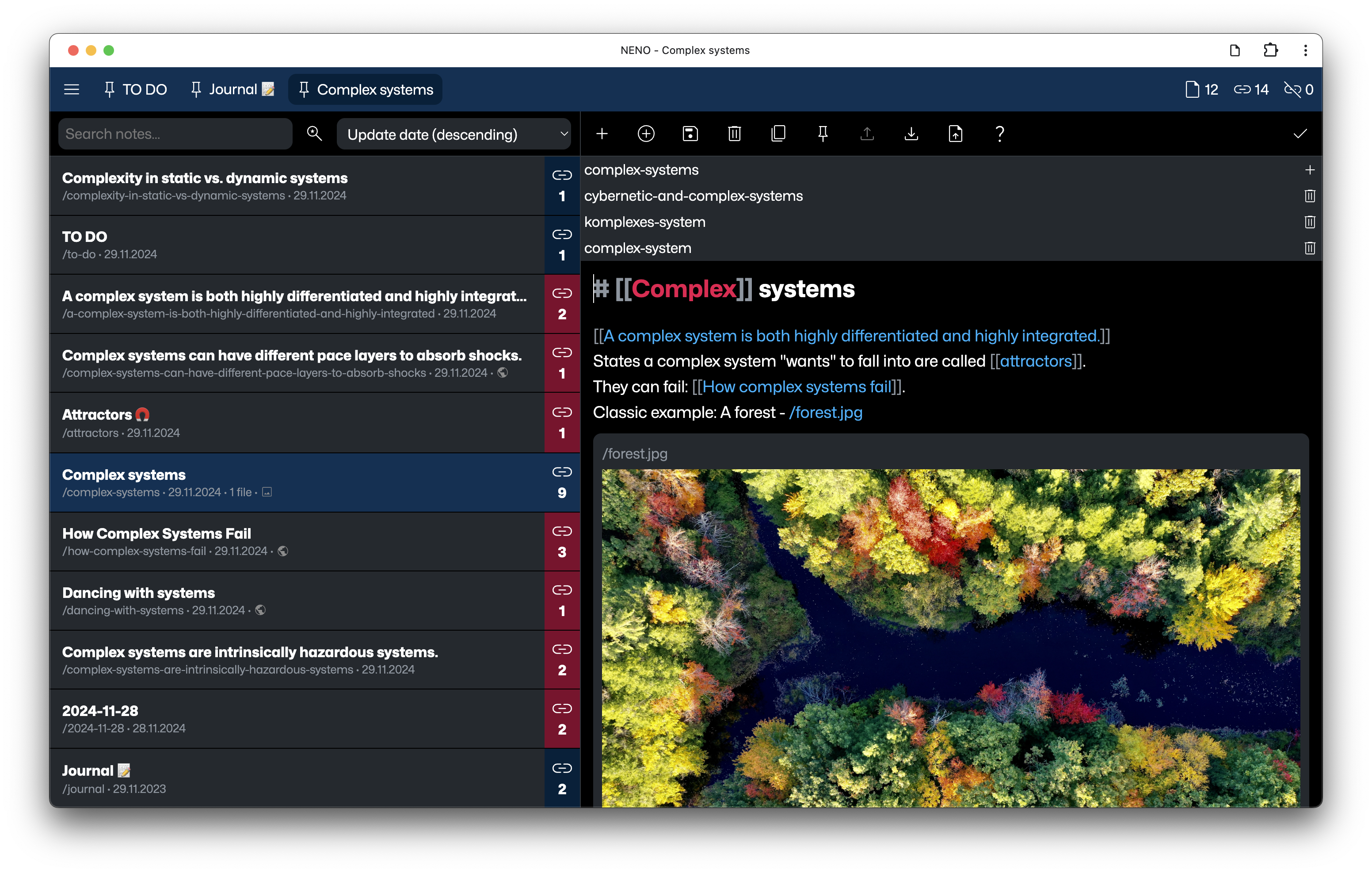 NENO Editor view in dark mode